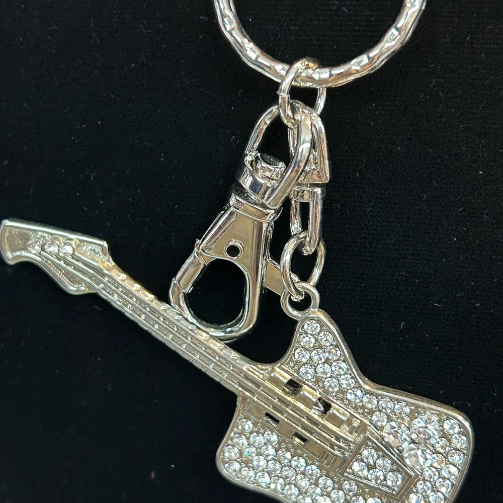 Silver Guitar Keychain with Rhinestones